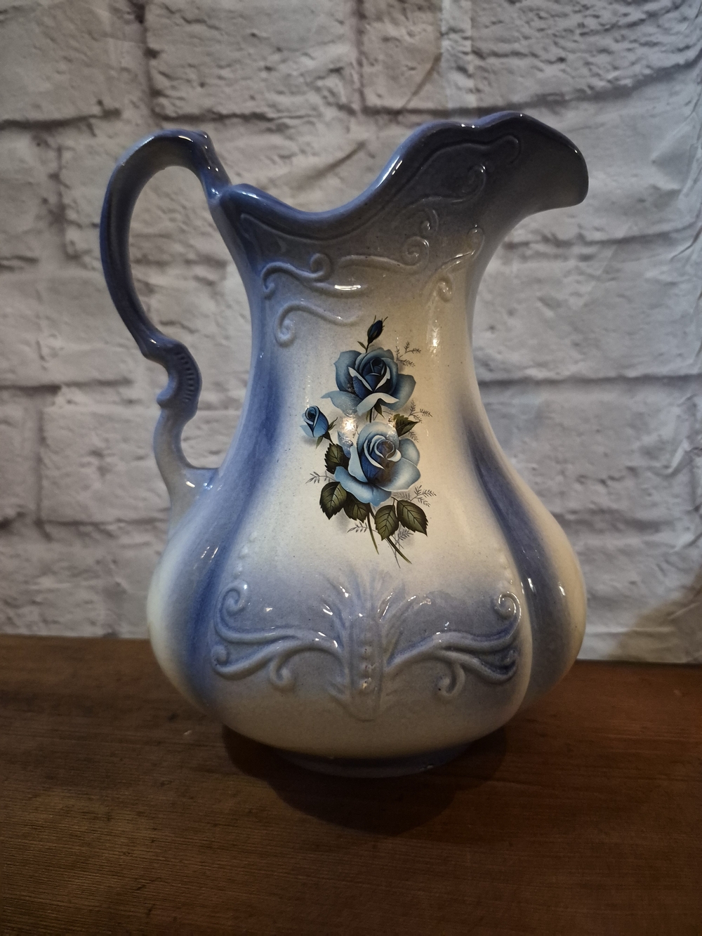 1890s Ironstone Blue Ombre Ceramic Pitcher with Rose Motif
